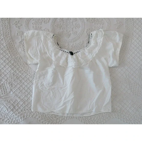 White Lace Ruffle Collar Peasant Poet Blouse Boxy Crop Cotton Vintage Handmade