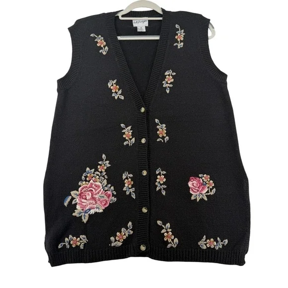 S.A. Designs Floral Embroidered Knit Vest Women Medium Black Cottage Grandma Y2K