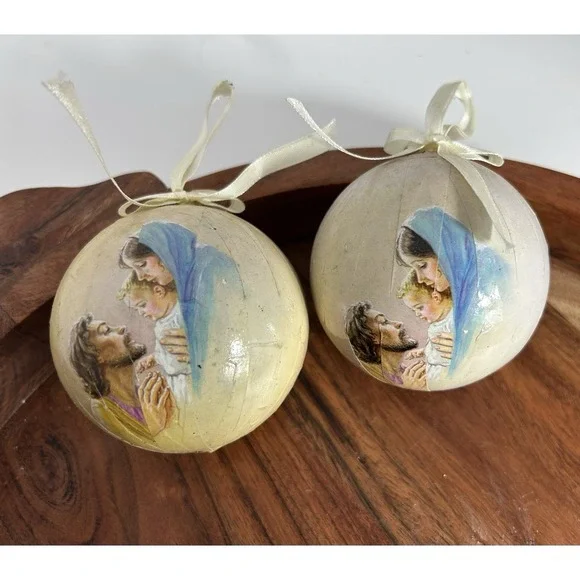 Vintage Peace On‎ Earth Ornament Set Baby Jesus Paper Decoupage- Estate Find
