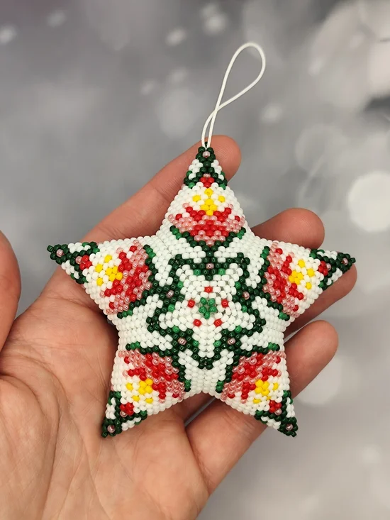 Handmade White Beaded Star Holiday Ornament with Red, Green & Yellow Accents