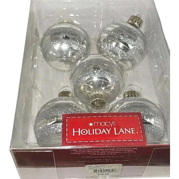 Macy's Holiday Lane Christmas Ornaments 5 Clear Balls With Silver Glitter Stripe