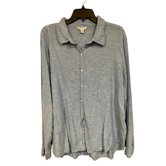 Orvis Blue‎ Linen Blend Long Sleeve Blue Button Front Shirt Womens 2XL Casual
