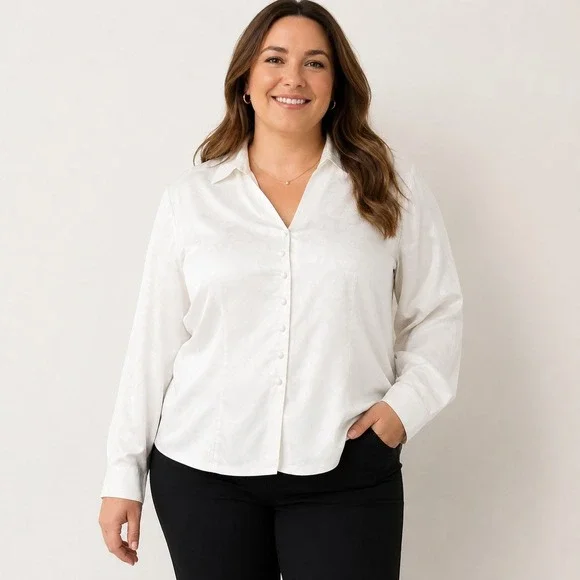 Foxcroft Button Down Shirt Womens 12 White Non-Iron Cotton Medallion Jacquard