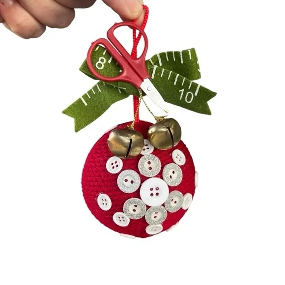 Sewing Button Christmas Holiday Tree Ornament Measuting Tape Glitter 7” x 11”