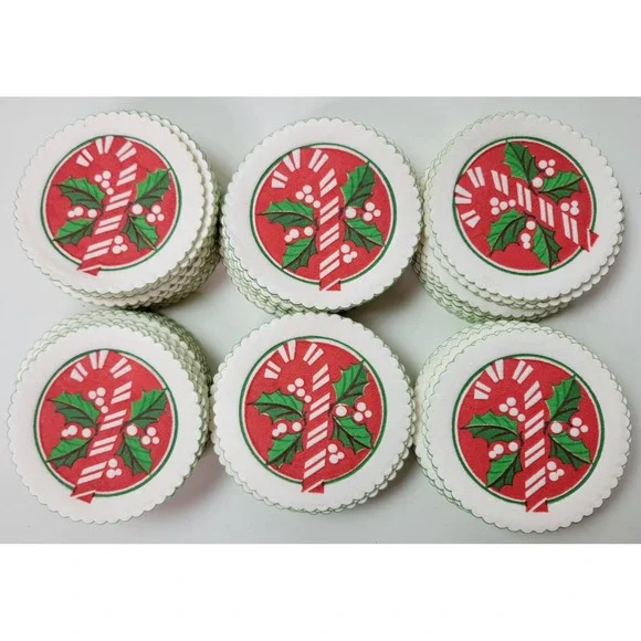 100+ Vtg MCM Christmas Embossed Paper Candy Cane Holly Scalloped Coasters 3 1/4