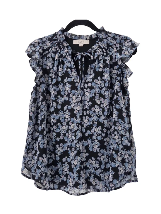 LOFT Navy Blue Floral Ruffle Sleeve Tie-Neck Blouse (M)