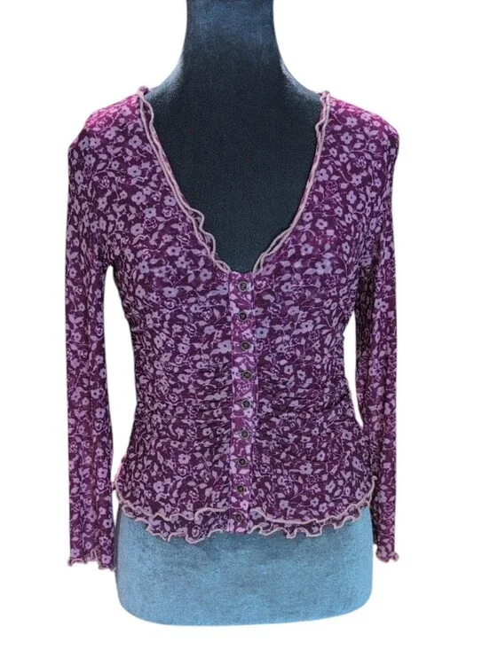 Free People Purple/Magenta Sheer Floral Button Front Ruched Tope Size XS