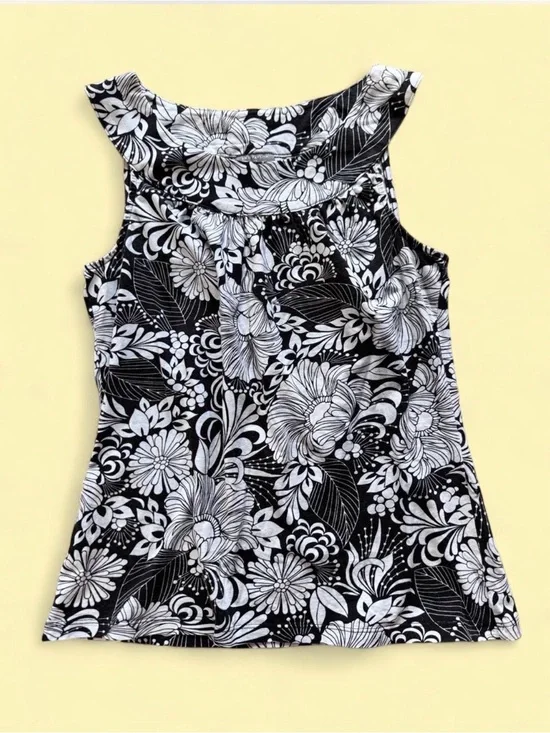 Ann Taylor Black & White Floral Scoop Neck Tank