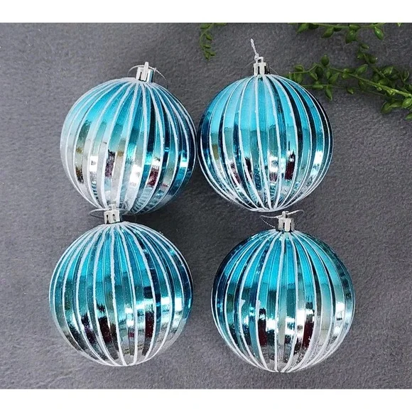 4 Blue‎ & Silver Striped Christmas Round Ball Ornaments Coastal Plastic 4