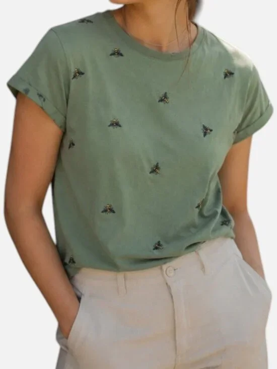 Vintage America Embroidered Bee Cap Sleeve Cotton Tee Sage Green Size Small