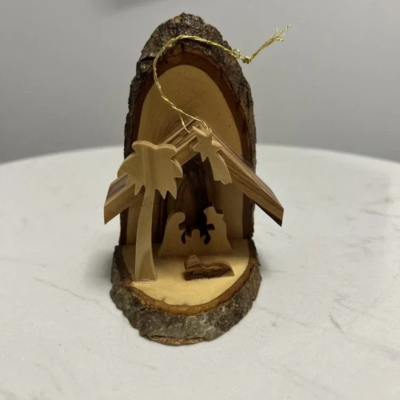 Handcrafted Olive Wood Grotto Nativity Holy‎ Family Live Edge Christmas Ornament