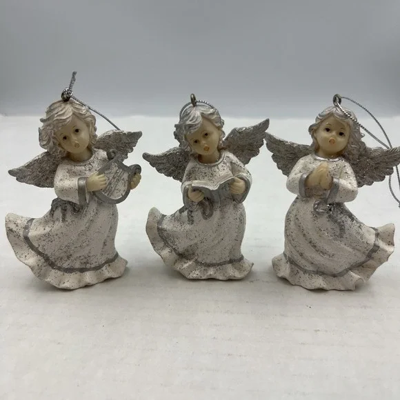 Homeco Silver and White ANGEL ORNAMENTS Set of 3 Home Interior 54037‎