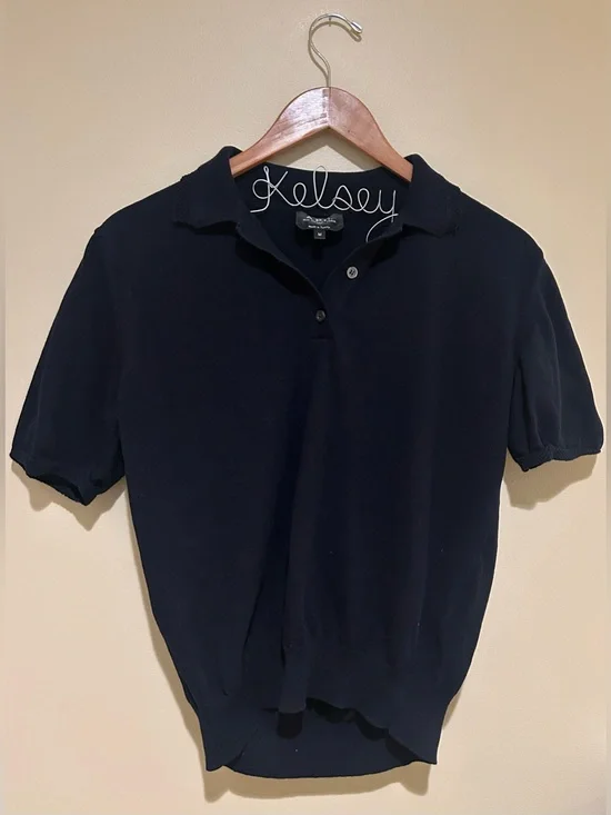A.P.C. Navy Cotton Knit Polo Sweater Top With Pocket & Collar Detail Size M