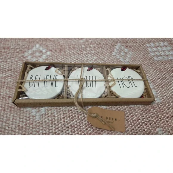 Rae Dunn Christmas Ornament‎ Set of 3 Believe Wish Hope Ceramic Disc