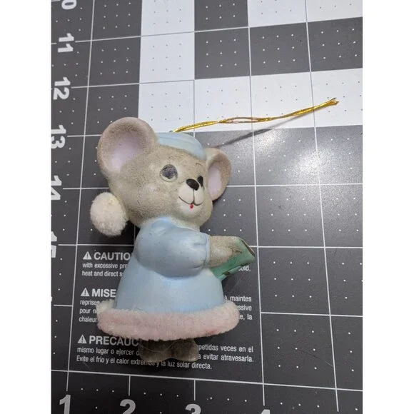 Flocked Christmas Mouse bell ornament Jasco Taiwan‎ 4 inch pajama reading