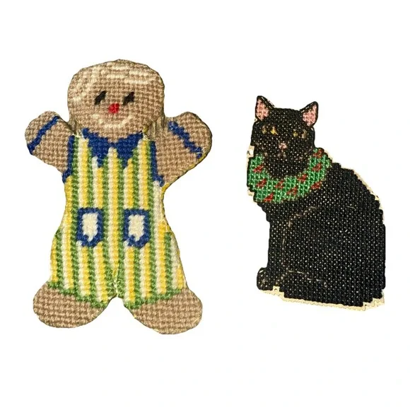 VTG Needlepoint Cross Stitch Christmas Ornaments‎ Gingerbread Man And Cat
