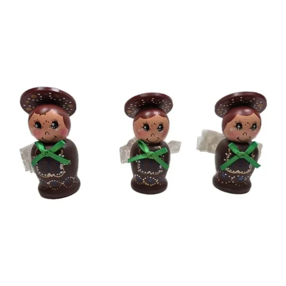 Vintage Hand‎ Painted Wooden Angel Ornaments Set of 3 Retro Kitsch Lace Wings