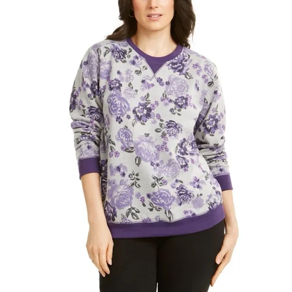 Karen Scott purple floral print pull over sweatshirt size Small Petite NWT
