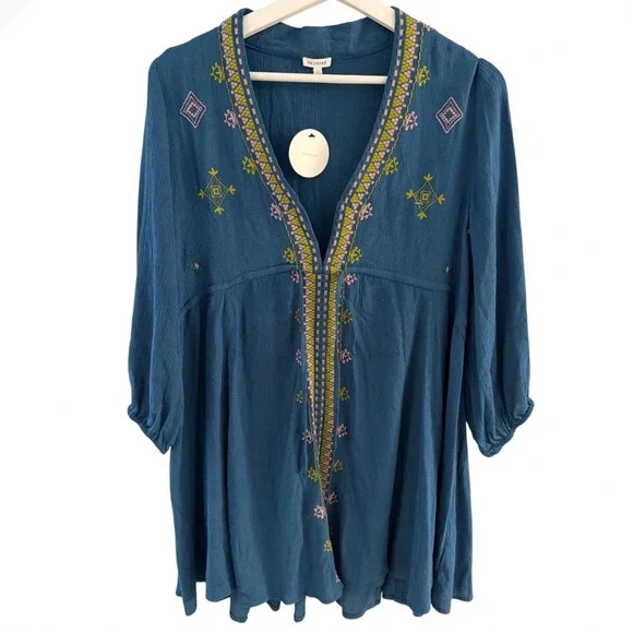 En Creme Womens Slate Blue Embroidered Babydoll Tunic Top Boho Rayon ED13940BL L