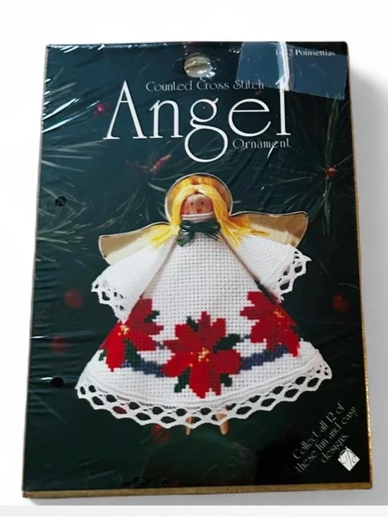 Angel Counted Cross Stitch Ornament Kit with Red Poinsettia Design