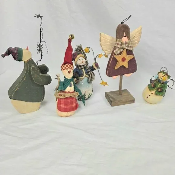 Primitive Christmas Snowman & Angel Figurines Lot