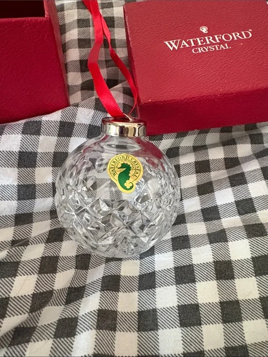 Waterford Crystal Clear Faceted Ornament with Red Ribbon and Gold Cap