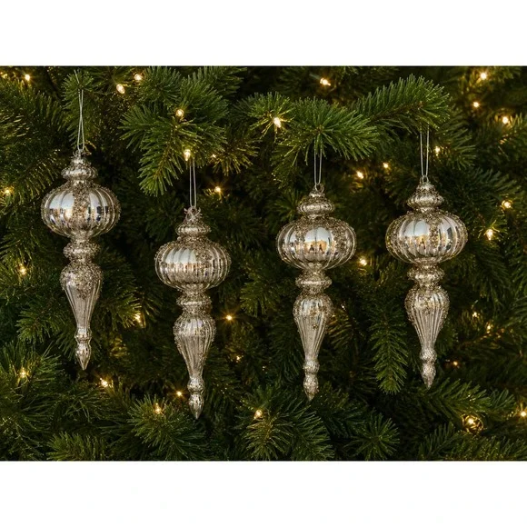 Silver Mercury Glass Finial Christmas Ornaments Beaded Ribbed Drop Set of 4