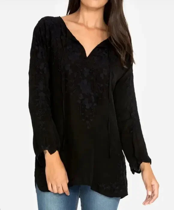 Johnny Was Black Butterfly Winter Tunic Embroidered Floral Tie Neck Women Top XS