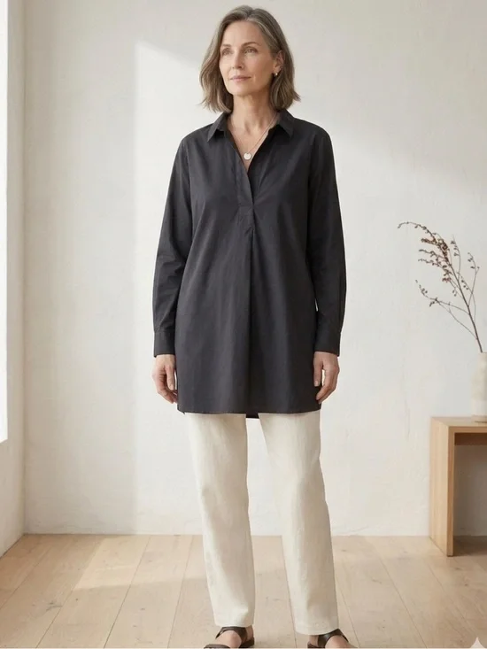 Eileen Fisher black popover tunic blouse 100% organic cotton size L