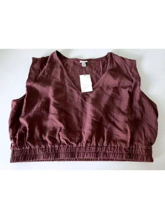 A New Day Brown Textured V-Neck Cropped Top Blouse Women Size XL