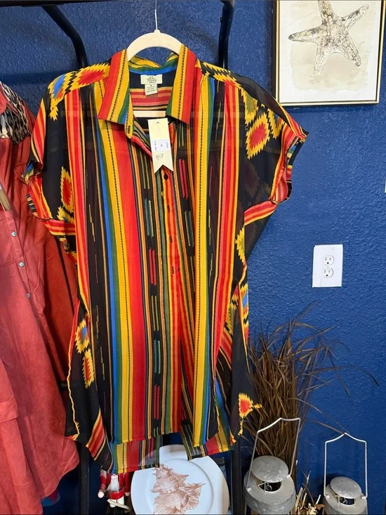 Womens Short-Sleeve Button-Down Shirt in Black with Red & Yellow Stripes
