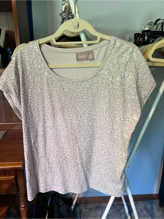 Chico's light gray Short Sleeve Sequin Scoop Neck Tee