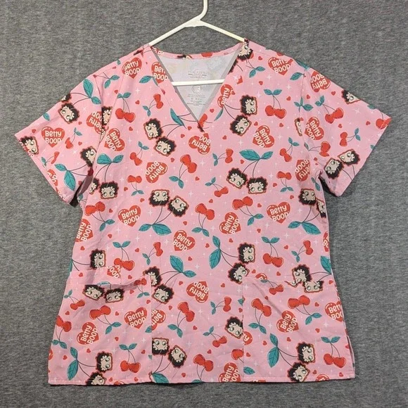 Scrub Club Betty Boop Cherry Heart Pink V-Neck Scrub Top XL BB0103-39