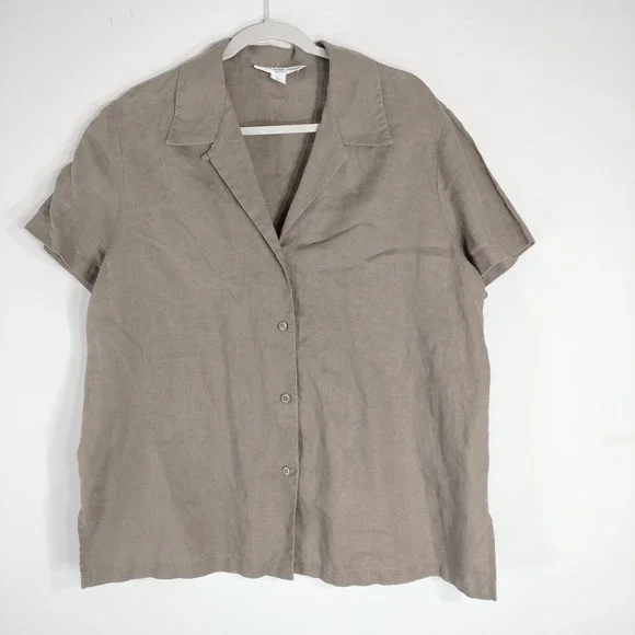 Josephine Chaus Brown Button Down; Linen, Short Sleeve, Casual
