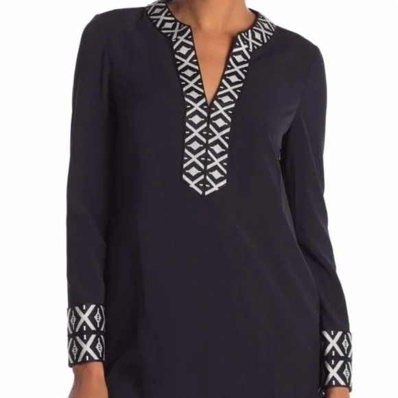Tory Burch Navy Embroidered Long Sleeve Tunic