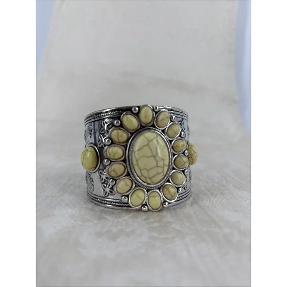 Howlite Flower Cuff Bracelet Western Boho Yellow