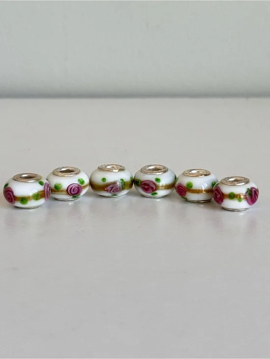925 Sterling Silver White Pink Green Floral European Art Glass Murano Bead Charm