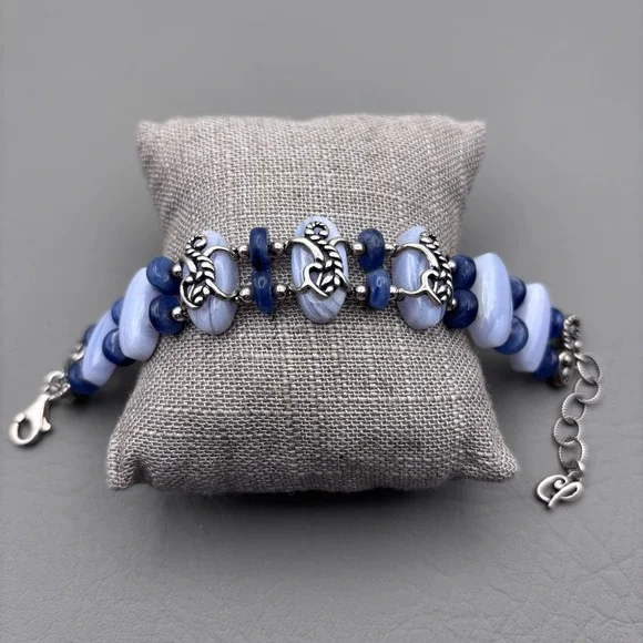 Vintage Carolyn Pollack Half Moon Bay Link Bracelet 925 Blue Lace Agate Kyanite