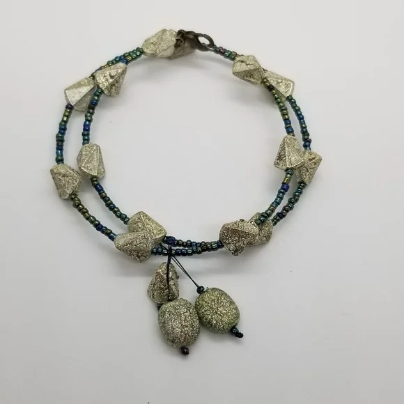 oil slick seed beed and silver wrap bracelet