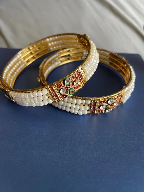 Pearl and Kundan Gold-Plated Bangle Set - White
