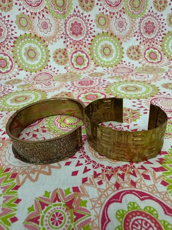 Set of two Vintage Brass & Copper Etched Cuff Bracelet