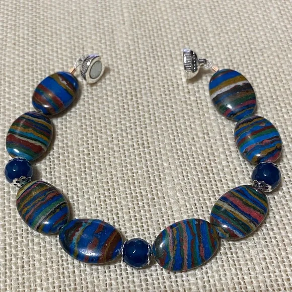 Natural genuine Rainbow Calsillica gemstone artisan Beaded 7.5” Bracelet