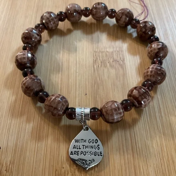 Hand Crafted Charm Bracelet Brown Stretch Beaded Scripture Unisex Matt. 19:26