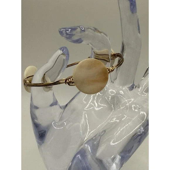 Wire Wrapped Bangle Bracelet Cream Stone Or Shell Size 7.75