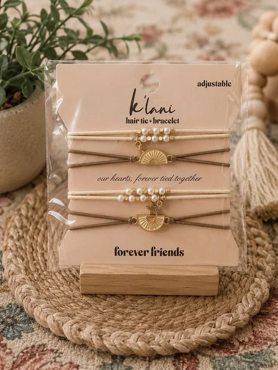 Klani Pearl & Gold Sun Charm Adjustable Hair Tie Bracelet Set - Cream & Brown