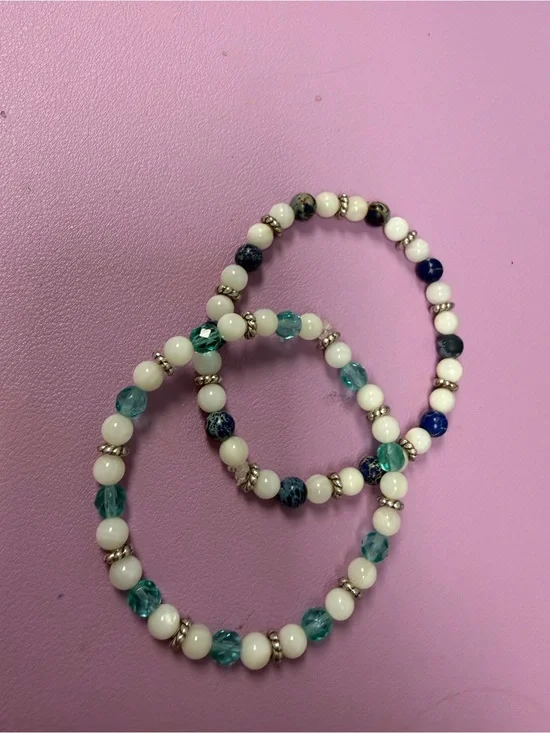 White and Teal Beaded Stretch Bracelet Set - Women Jewelry