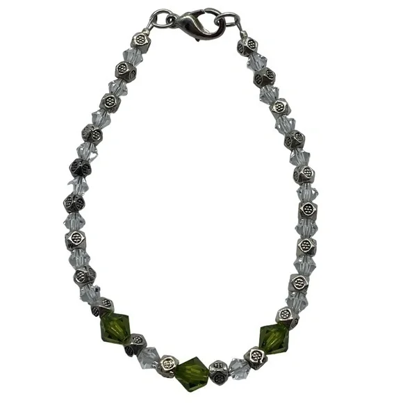 Swarovski Crystal Moss Green and Clear Bead Handmade Bracelet With Lobster Clasp
