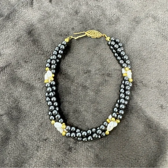 Vintage Grey and White Pearls, Triple Twisted Strand Pearl Bracelet