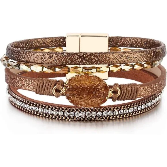 Leather Wrap Boho Cuff Bracelet Crystal Bead Multi Layer Jewelry Gift Women