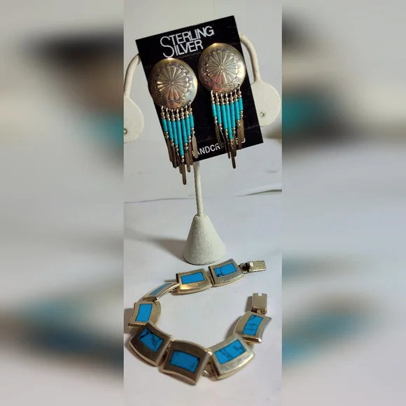 925 Silver Hi and Turquoise Blue Geometric Bracelet Earrings
